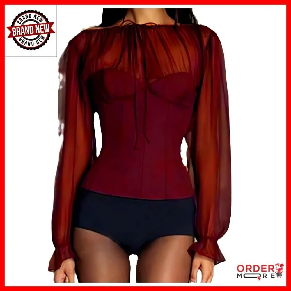 Sheer Long Sleeve Corset Top Y2K Tie Front Blouse Elegant Evening Wear